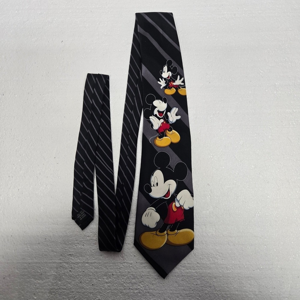 Mickey Unlimited Mens Black Gray Striped Silk Tie with Mickey Mouse Graphic